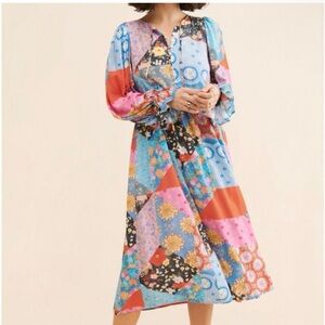 Spell Patchwork Floral Long-Sleeve Midi Dress in Blue, Pink and Orange